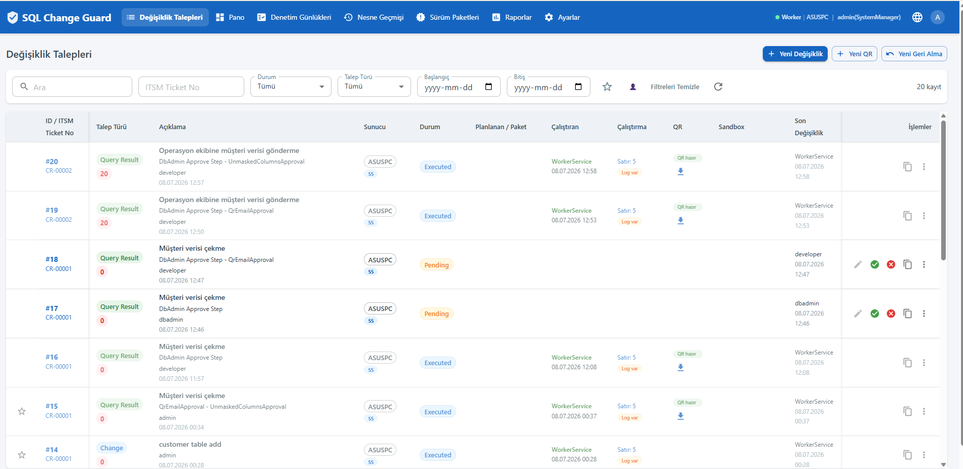 Talep listesi ekranı: durum, risk bandı, hedef sunucu ve bekleyen onay adımları. Request list showing status, risk band, target server and pending approval steps.