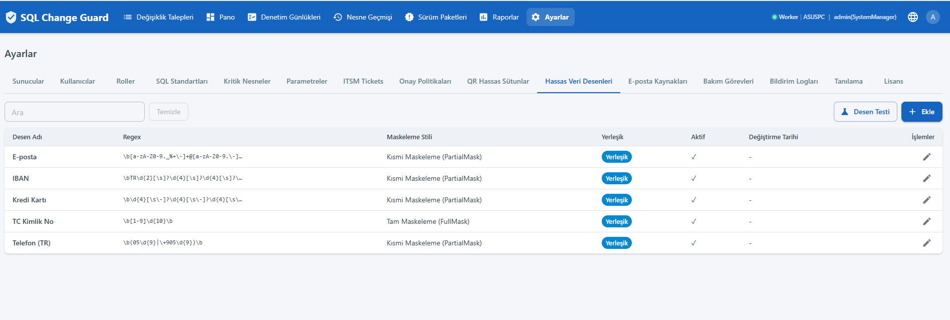 Hassas veri desenleri ekranı: desen tanımları, doğrulayıcılar ve maskeleme biçimi. Sensitive data patterns screen with pattern definitions, validators and the masking style.