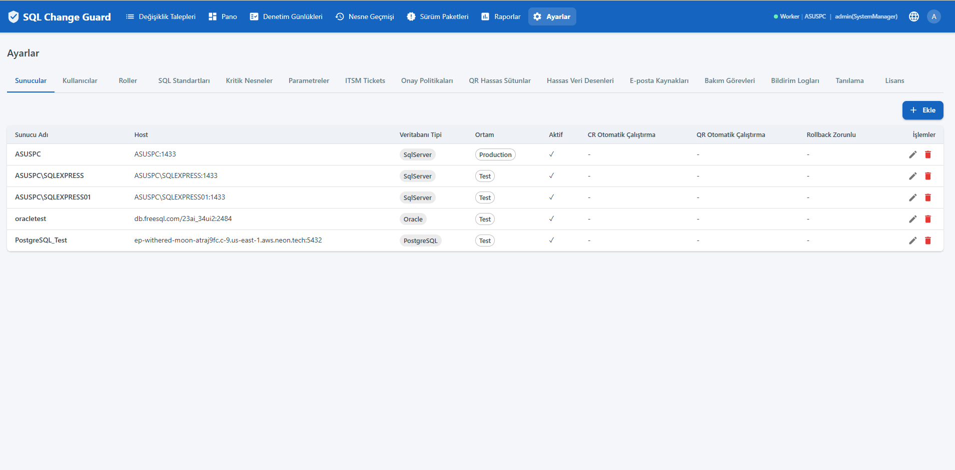Sunucu yönetimi ekranı: veritabanı tipi, ortam etiketi, çalıştırma ve geri alma bayrakları. Server management screen with database type, environment label, execution and rollback flags.