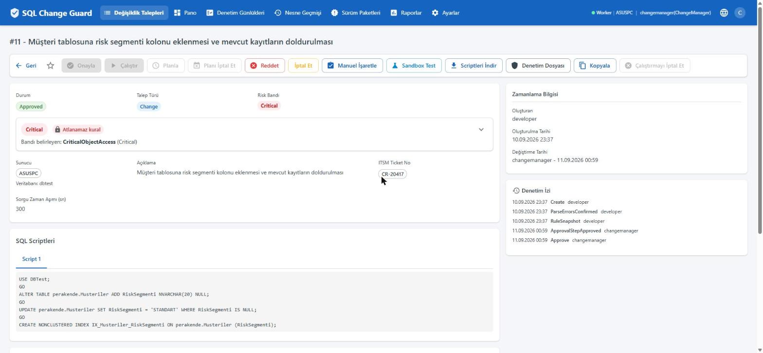 Onaylayan kişide çalıştırma düğmesi kapalıdır. SQL Change Guard ekran goruntusu.