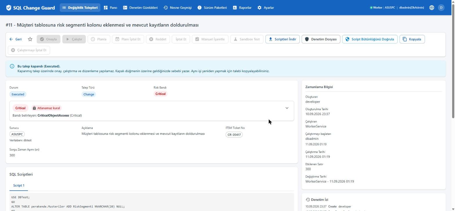 Düğmeye basan kişi ile çalıştıran süreç ayrı kaydedilir. SQL Change Guard ekran goruntusu.