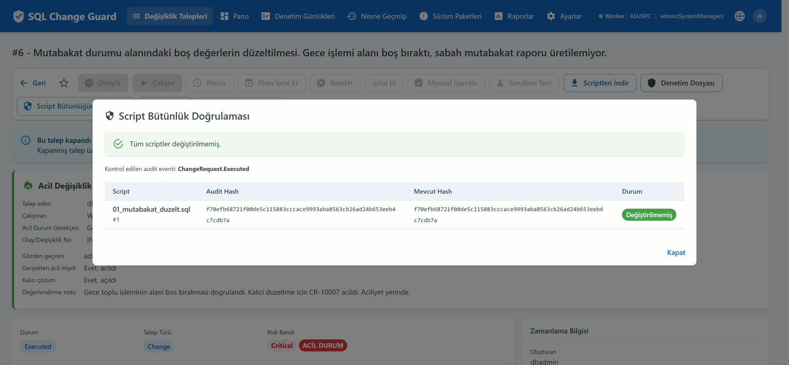 Onaylanan metin ile çalışan metin karşılaştırılır. SQL Change Guard ekran goruntusu.