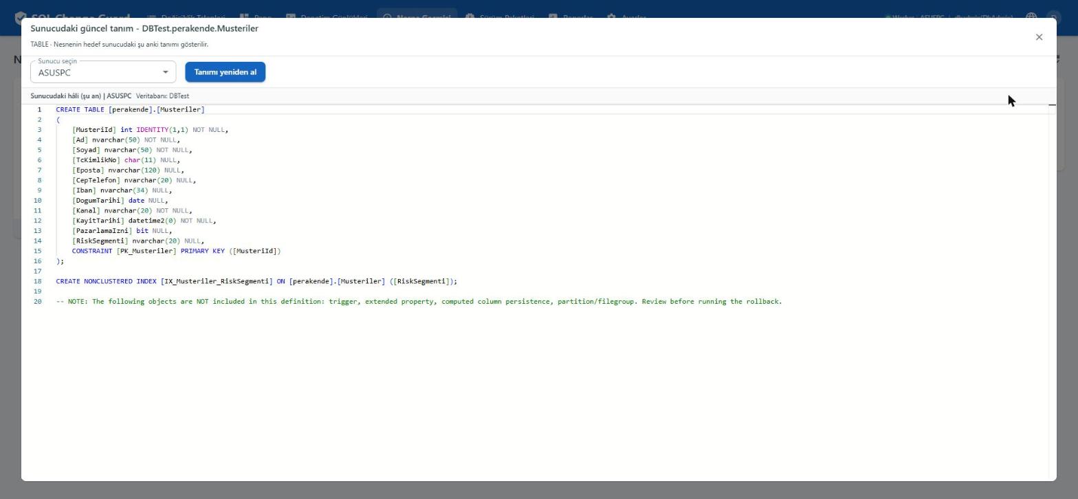 Değişiklik gerçekten sunucuda mı. SQL Change Guard ekran goruntusu.