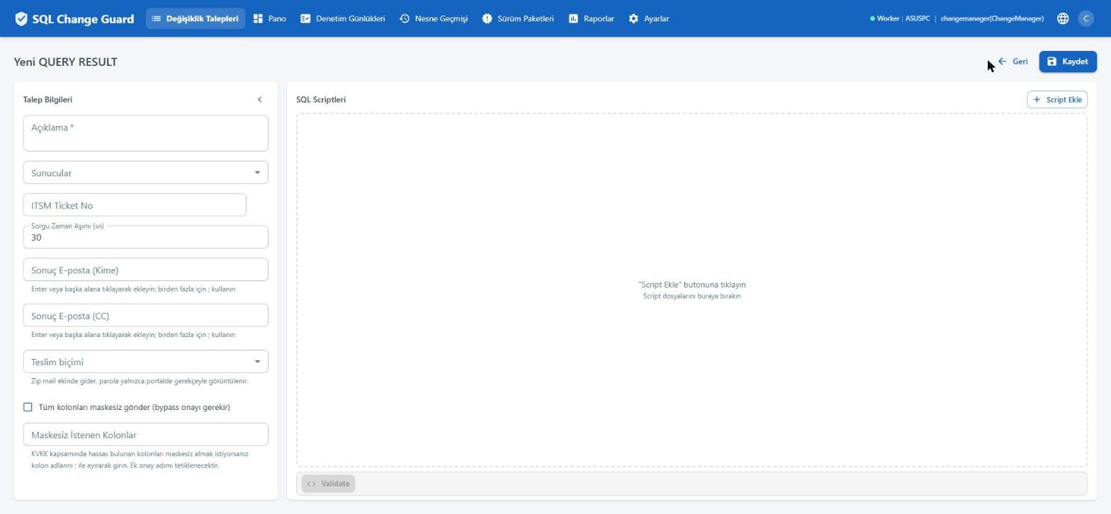 Şu sorguyu çalıştır, sonucu bana at bir kayda dönüşür. SQL Change Guard ekran goruntusu.
