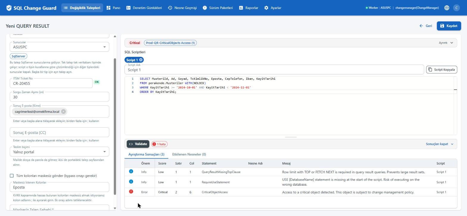 Okuma da kritik nesne kontrolünden geçer. SQL Change Guard ekran goruntusu.
