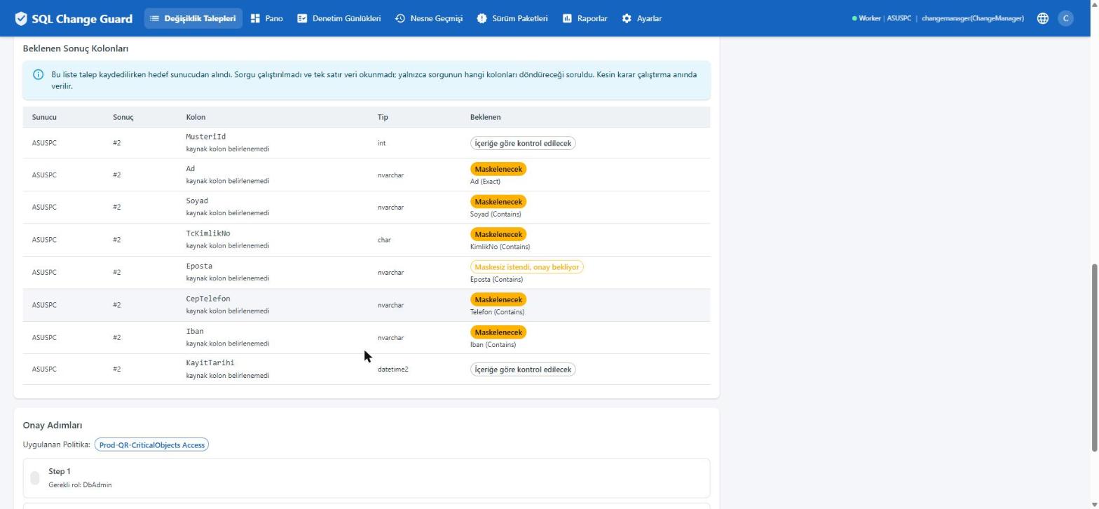 Maskeleme kararı çalıştırmadan önce görünür. SQL Change Guard ekran goruntusu.