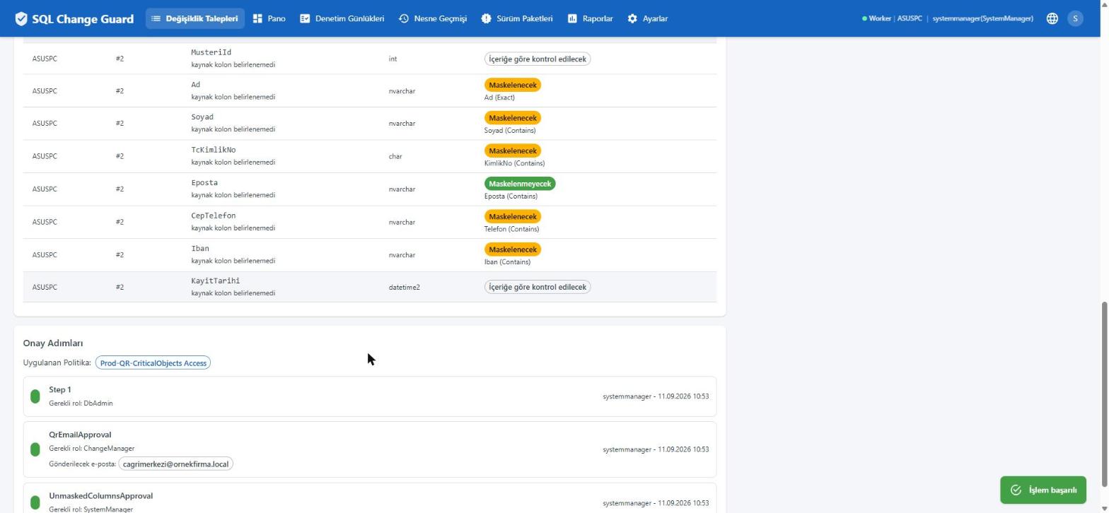 Onay sonrası karar tabloda değişir. SQL Change Guard ekran goruntusu.
