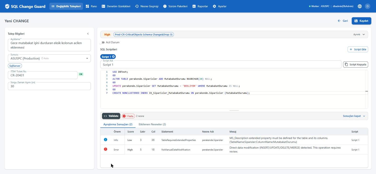 Acele, kontrolü kapatmaz. SQL Change Guard ekran goruntusu.