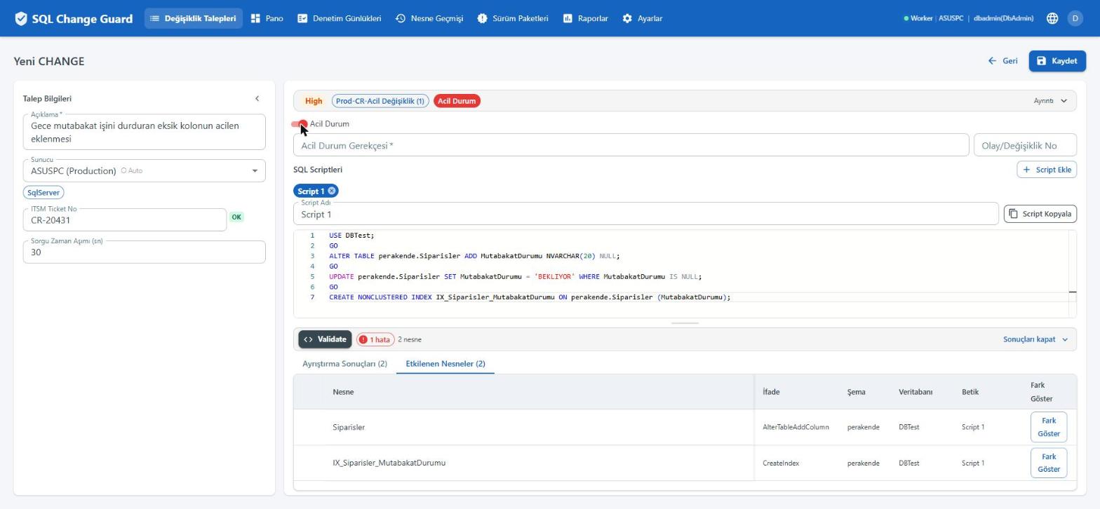Acil anahtarı açılınca politika değişir. SQL Change Guard ekran goruntusu.