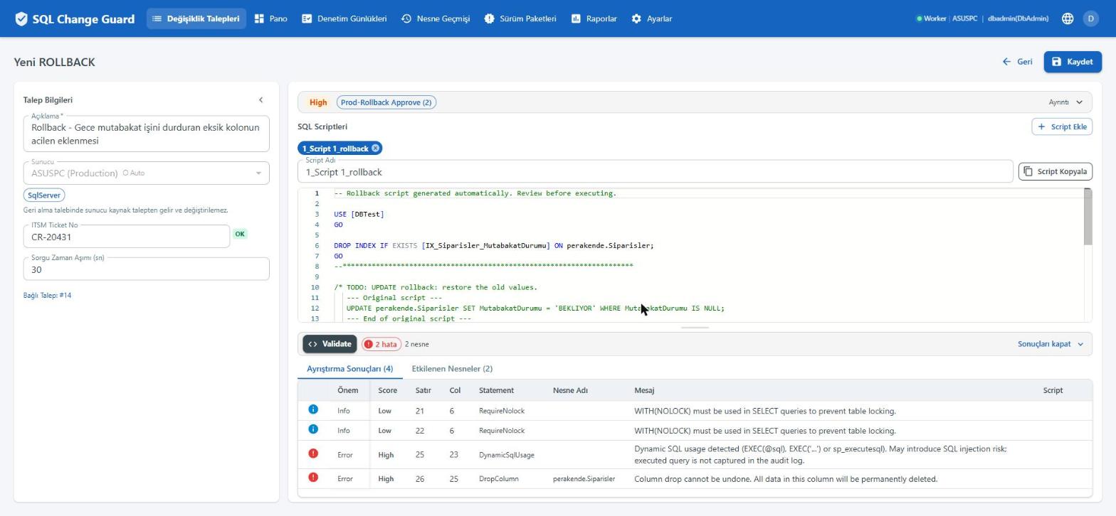 Geri alma betiğini ürün kendisi üretir. SQL Change Guard ekran goruntusu.