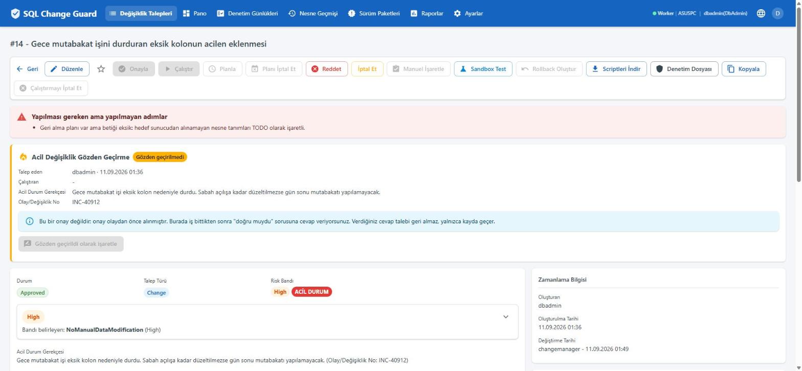 Eksik geri alma planı çalıştırmayı durdurur. SQL Change Guard ekran goruntusu.