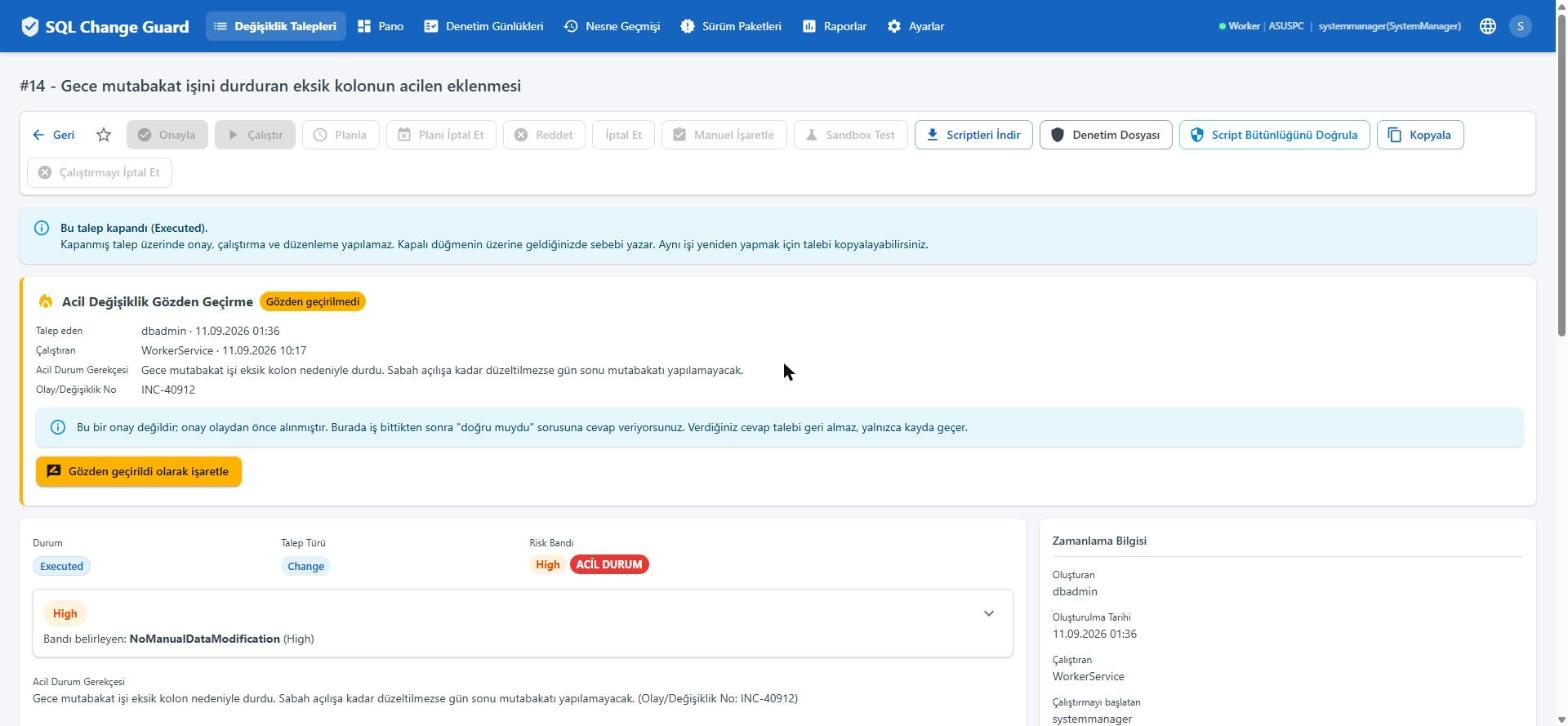 İş bittikten sonra soru açılır. SQL Change Guard ekran goruntusu.