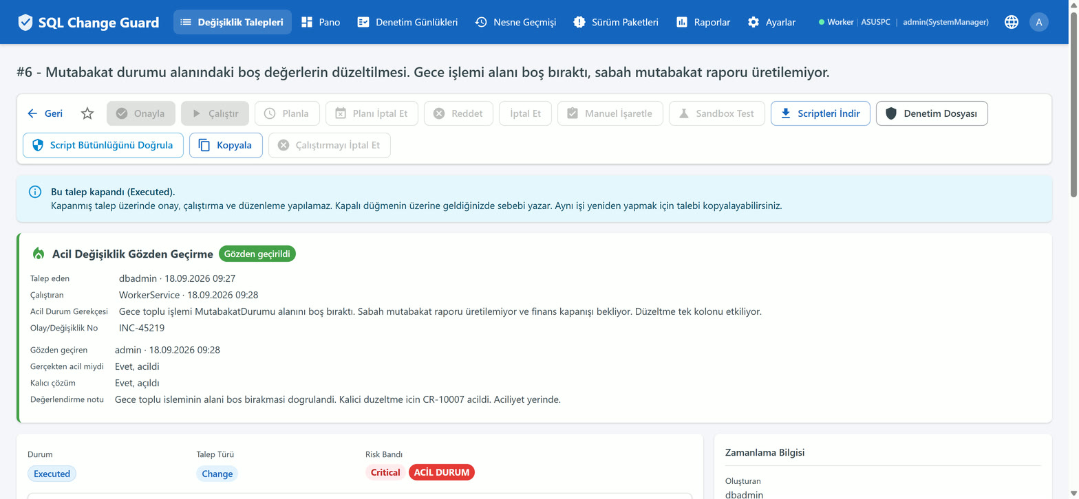 Acil yetkisinin doğru kullanıldığı kayda geçer. SQL Change Guard ekran goruntusu.