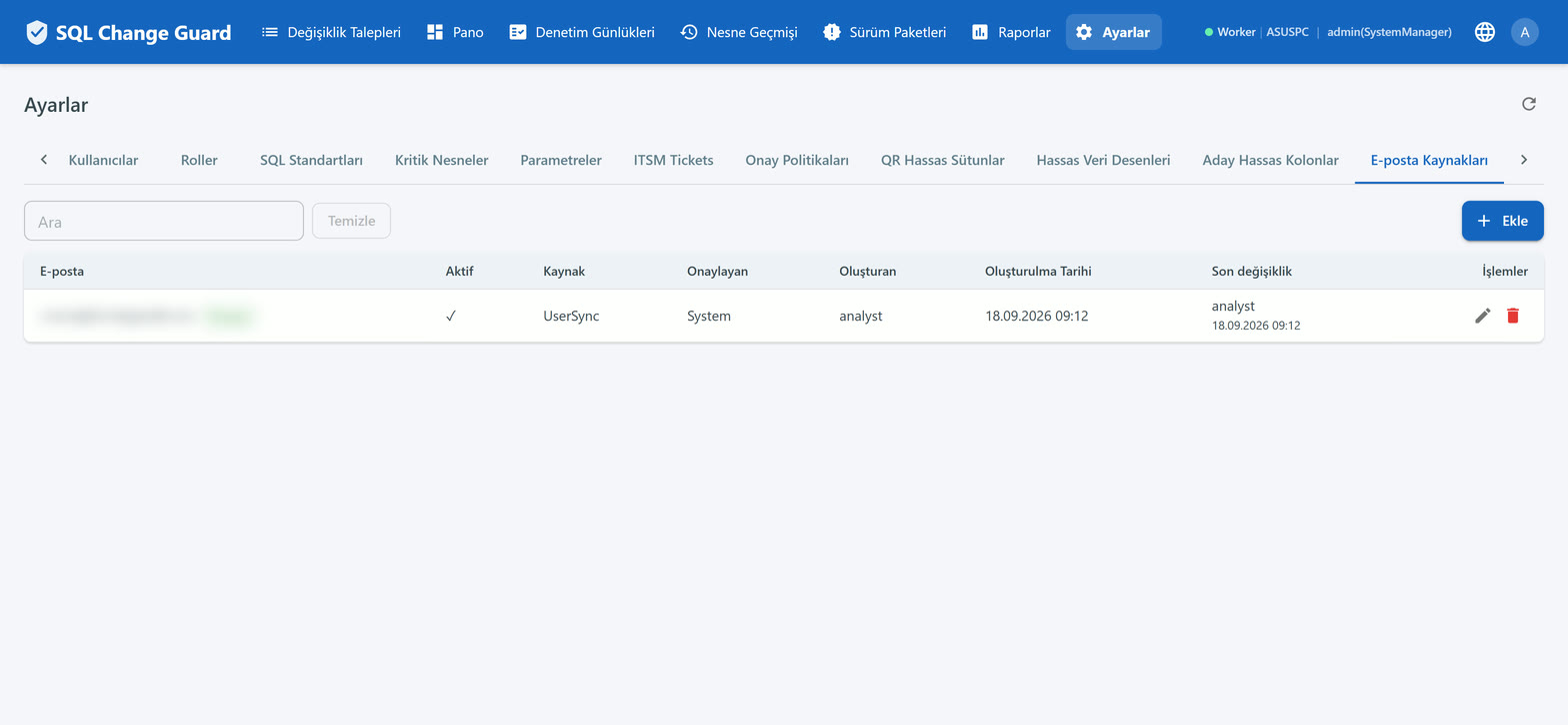 Email sources screen with the approved addresses a result may be delivered to
