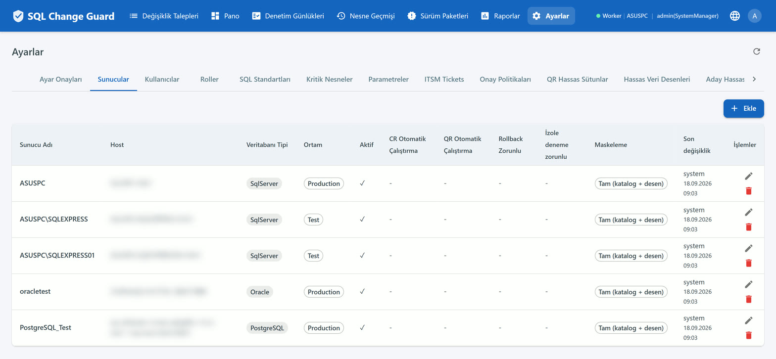 Server management screen with the database type, the environment and the rollback flags