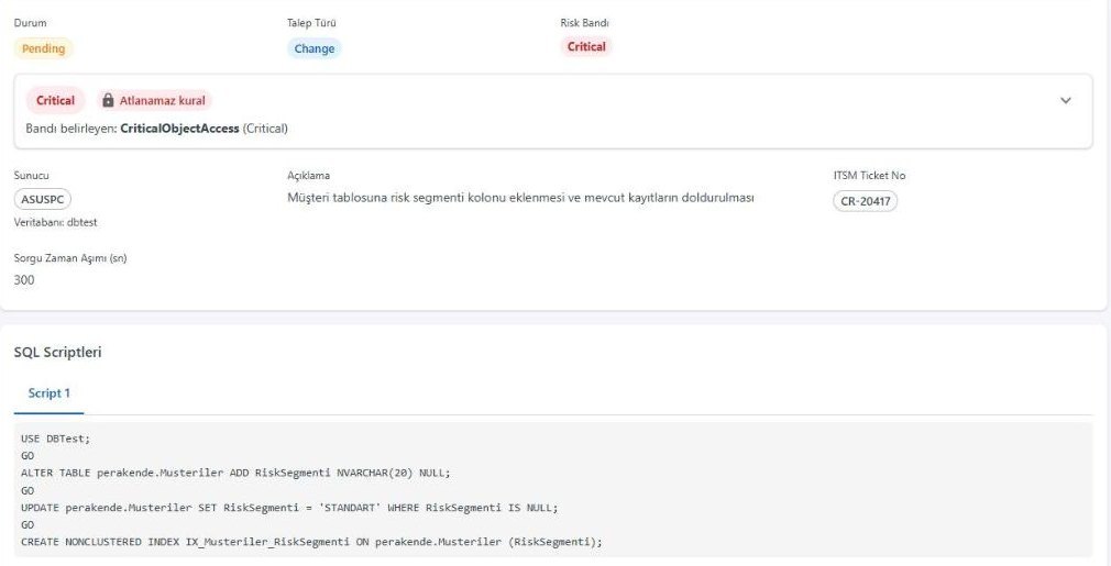 Bir değişiklik talebinin ekranı: Critical risk bandı, atlanamaz kural, ITSM bilet numarası ve çalışacak SQL betiği