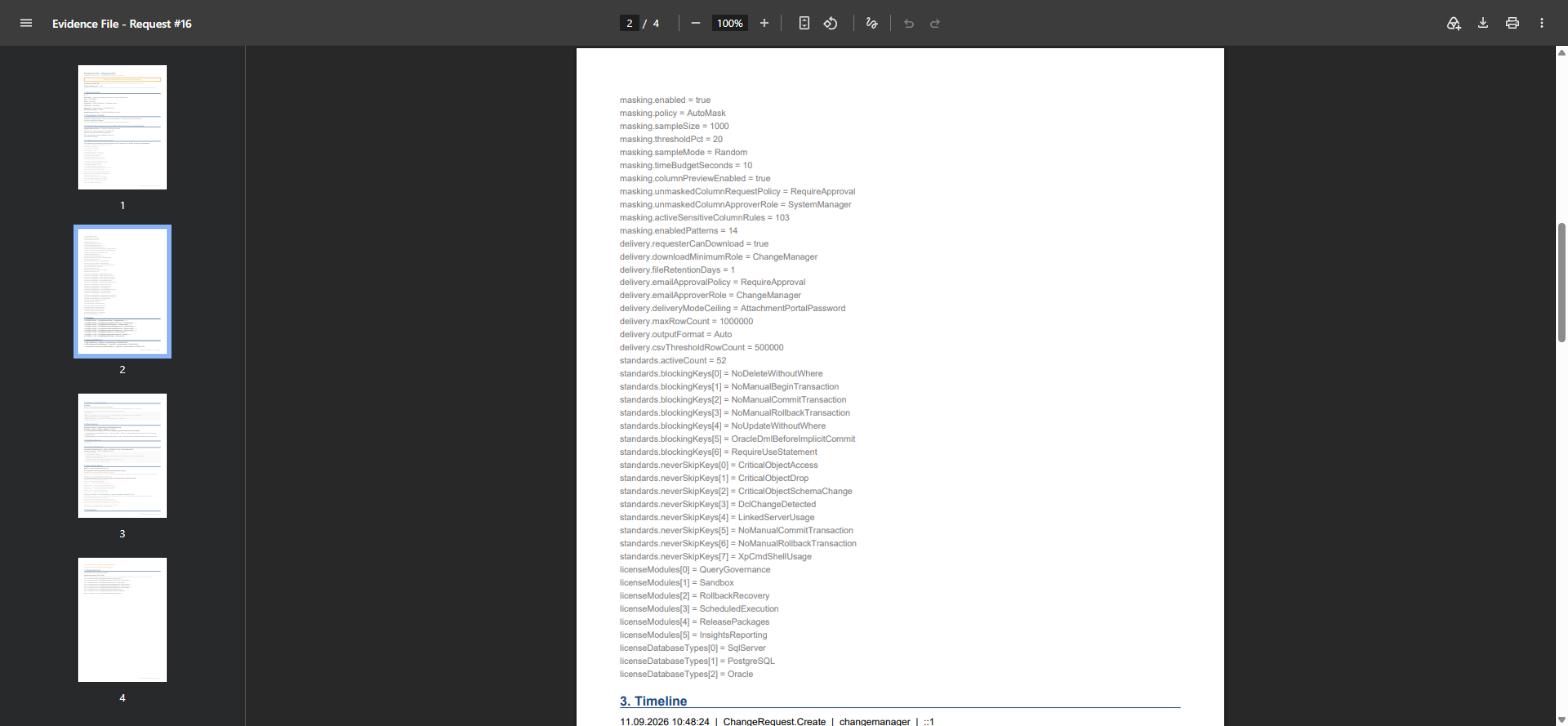 Talebin karara bağlandığı andaki kural seti. SQL Change Guard ekran goruntusu.